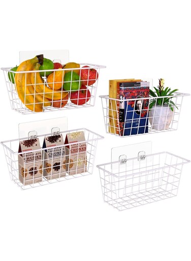 Wire Baskets Adhesive Basket Hanging Kitchen Baskets No Drilling for Cabinet &amp; Pantry Organization and Kitchen, Bathroom, Bedroom Storage, 4 Pack, White