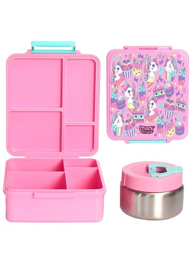 attack SA Bento Lunch Box for Kids School with 9.7oz Soup Thermos, Leak-proof Lunch Containers with 5 Compartment, Thermos Food Jar, Food Containers for School Pink