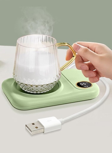 Coffee Mug Warmer, Electric Cup Heater with LCD Display, Digital Temperature 55-75&deg;C Adjustable, USB-Powered, ABS Material - Green