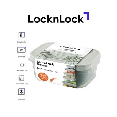 LocknLock Nestopia 3-Piece Set Airtight Containers (500ml + 920ml + 1.6L) &ndash; Leak-Proof, Microwave &amp; Freezer Safe