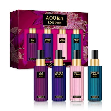 AOURA LONDON Collection Set Womens Body Mist Gift Set, with Midnight Passion, Love Rush, Pretty Woman, &amp; Paradise Bliss, Fragrance Spray Set (4x60ml)