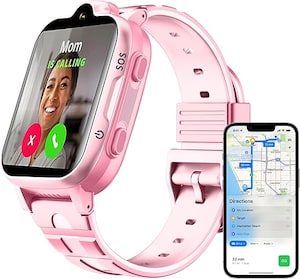 UAETECH 4G Kids Smart Watch - HD Touch Screen - IPX7 Waterproof HD - 850 mAh Long Battery - Calculator, Alarm Clock, Remote Monitor, Student Mode, Math Game, Android/IOS (PINK)