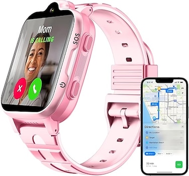 UAETECH 4G Kids Smart Watch - HD Touch Screen - IPX7 Waterproof HD - 850 mAh Long Battery - Calculator, Alarm Clock, Remote Monitor, Student Mode, Math Game, Android/IOS (PINK)