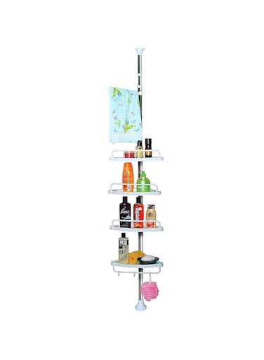 PIN FAMILY Bathroom Corner Rack, Caddy, Stand 4 Tier Telescopic Adjustable Organiser, white-steel, 30592