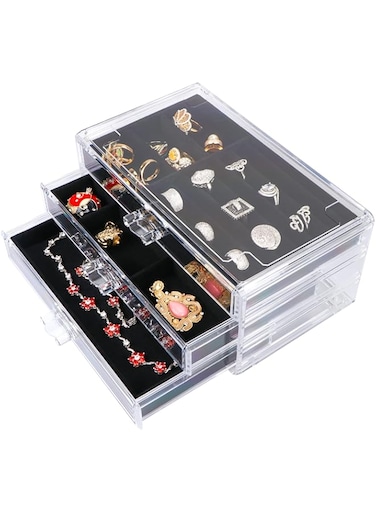 Homarket Clear Jewelry Box With 3 Drawers,Velvet Jewellery Organizer for Women, Girls Earring Holder Rings Case Necklaces Accessory Holder Bracelets Display Tray