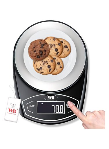 WONDER-BLED Digital Kitchen Scale w/LCD Digital Display, Premium ABS Plastic Scale Weight Grams &amp; Ounce for Baking Cooking &amp; Meal Prep,11lb/5kg w/ 0.1oz/1g Precision, 2AA Battery (Black- 20.5x15x3cm)