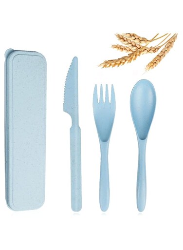 Star Work Wheat Straw Cutlery,Portable Cutlery Spoon Fork Knife,Resuable Flatware Set with Case for Adults Travel Utensils,Eco-Friendly Non-Toxin BPA Free (Blue)