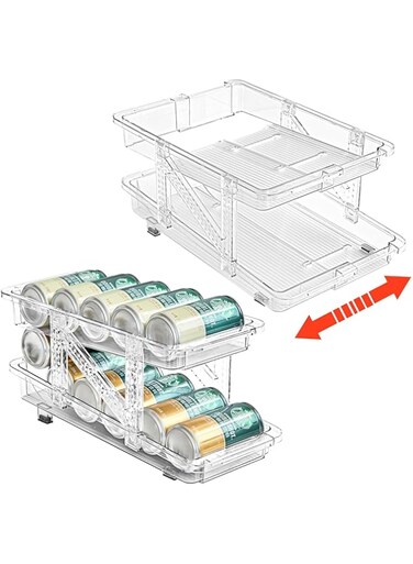 Pecbase Soda Can Dispenser for Refrigerator, Set of 1 Adjustable Width Soda Can Organizer 2-Layer Beverage Pop Can Holder Drink Organizer for Fridge, Pantry, Cabinet, Countertop, Clear (106-1)