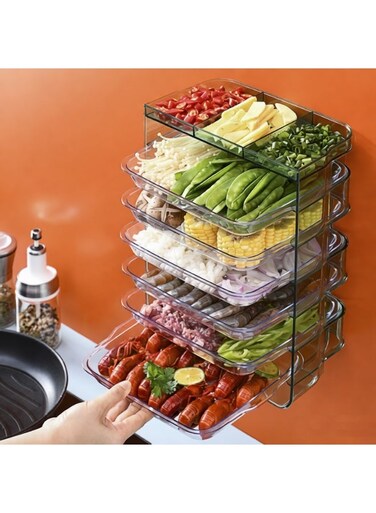 Multi-Tier Food Preparation Container Organizer, Clear Wall-Mounted Pull-Out Food Trays for Fruits, Vegetables, Meat