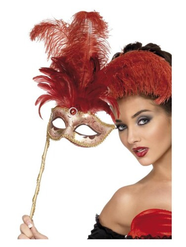 Baroque Fantasy Eyemask Red w/ Feathers &amp; Handle