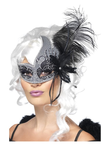 Maquerade Dark Angel Eyemask ilver &amp; Black With Feather