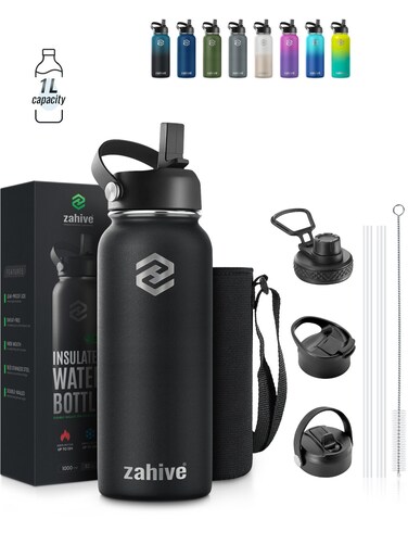 Insulated Stainless Steel Water Bottle with Straw with 3 Lids and Bag 1000 ml, Double Wall Thermos for Hot and Cold Drinks for Gym and Work, Wide Mouth, Leak Proof, 1 liter, Black