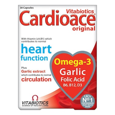 Vitabiotics Cardioace Original Capsules With Omega-3, Folic Acid, Thiamin, &amp; Garlic For Healthy Heart Function, Pack of 30's