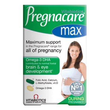 Vitabiotics Pregnacare Max Prenatal Supplement With Folic Acid &amp; Omega 3 For Pregnancy Support, Dual Pack of Prenatal Micronutrient Tablets 56's + Omega-3 DHA Capsules 28's