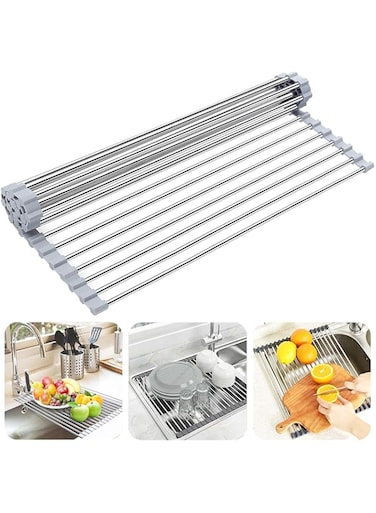Searik Roll up Dish Drying Rack, Over The Sink Kitchen Sink Dish Rack Multipurpose Stainless Steel Dry Rack Dish Drainer Foldable Dish Drying Rack for Sink Counter (20.5"x13.8")