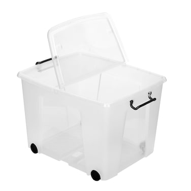 Strata Smart Box Clip-On Folding Lid Carry Handles 75 Litre Clear with Black Wheels -XW676-CLR/CLR-EX
