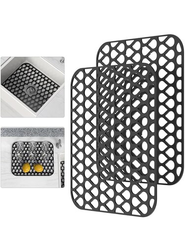 Excefore Silicone Sink Mat, 2 PCS Sink Protectors for Kitchen Sink, Kitchen Sink Mat, Grid Non-Slip Folding Sink Pad for Bottom, Stainless Steel Porcelain Sink Pad, Black