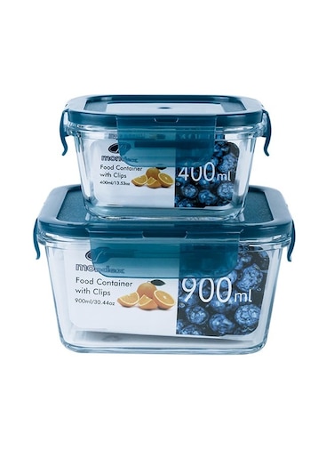 2Pcs 400ml And 900ml Square Glass Food Storage Container With Blue Lid