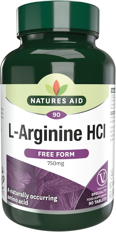 Natures Aid L-Arginine HCI 750Mg, With Naturally Occurring Amino Acid, Helps Increases Muscle Strength, Suitable For Vegetarians, Food Supplement, 90 Tablets