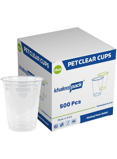 Khaleej Pack [500 14 oz Clear Plastic Cups with Dom Lids,Disposable Iced Coffee Cups, BPA Free Premium Crystal Smoothie Cup for Party, Lemonade Stand, Cold Drinks, Juice, Milkshake, Juice Cups