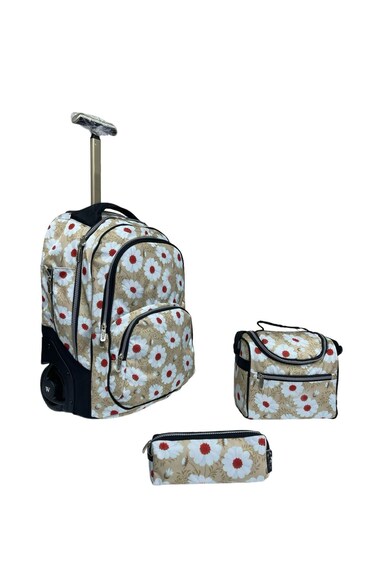 3-Piece Rolling School Set, 18-Inch Wheeled Backpack with Matching Lunch Bag and Pencil Case.(Brown Flower Print)