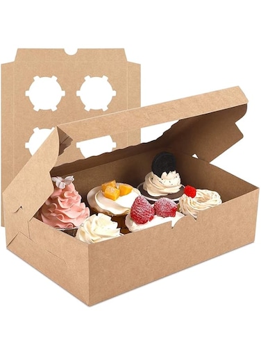 ELECDON Cupcake Box 6 Cavities, 10pcs Kraft Paper Standard Cupcakes, Brown Cupcake Containers with Inserts, Food Grade Kraft, for Pastry, Donuts, Cupcake, Brownies, Pies Gift Giving, Cake Carriers