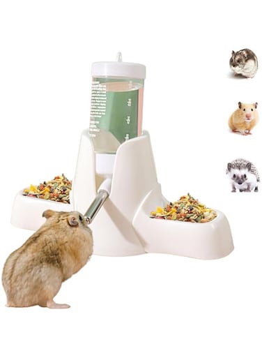 SUSOO 3-in-1 Hamster Water Bottle and Food Dispenser Set, Automatic Leak-Proof Water Feeder for Small Animal Cage Accessories, Stand Water Bottle Holder for Hamsters, Rats, Guinea Pigs, Rabbits (80ml)