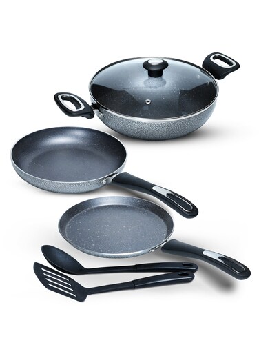 Aluminium Migo Nonstick Granite 6 Pcs Induction Bottom Cookware Set 3 Mm Thick,Festival Gift Set Mfkt 6,5-Layer Super Granite Coated Cookware Set,Hammer Tone Exterior Finish,1 Yr Warranty - MFKT 6, Grey
