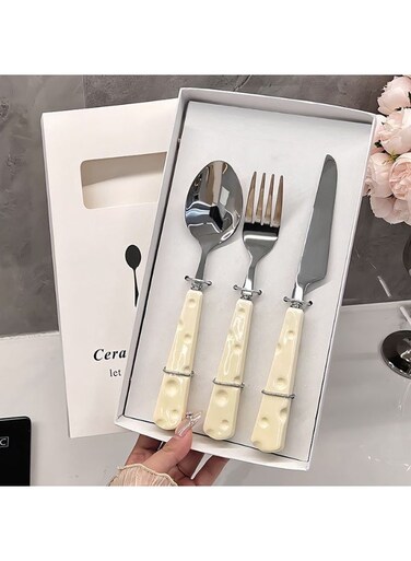 3-Piece Cute Cheese Design Cutlery Set - Stainless Steel Dessert Fork, Spoon &amp; Steak Knife, Adorable Utensils for Kids &amp; Adults