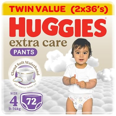 Huggies Extra Care Baby Culottes, Size 4 (9-14kg), Mega Pack, 72 Diaper Pants