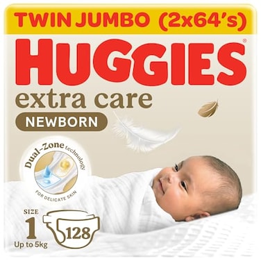 Huggies Extra Care Newborn Baby Diapers, Size 1 (Up To 5kg), Twin Jumbo Pack, 128 Diapers