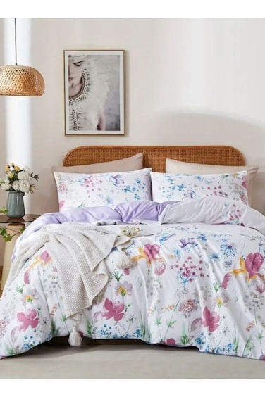 Home Queen size 6 Pcs: 1 Duvet cover - 200*230cm.; 1 Flat sheet - 230*250cm.; 4 Pillow covers - 50*75cm. Bedding set white background with floral patterns in various colors including pink, purple, blue, and green.