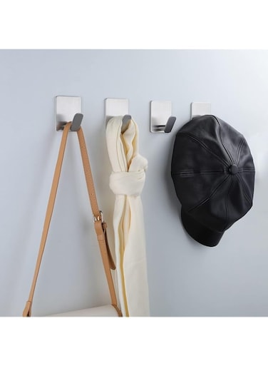 NALACAL 4 Pcs Adhesive Towel Hooks, Bath Towel Hooks Coat Hooks, Waterproof Stainless Steel Shower Hook, Robe Hooks for Hanging Clothes Hats Stick on Bathroom/Kitchen (Silver)