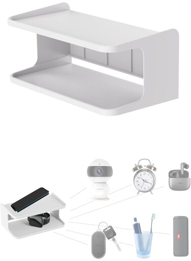 2-Shelf Bedside Shelf Organizer, Bedside Wall Organizers for Phones, Glasses &amp; Books, Floating Nightstands with Double Storage Trays, Contemporary Design (18.5x10.5x8.5 cm, White)