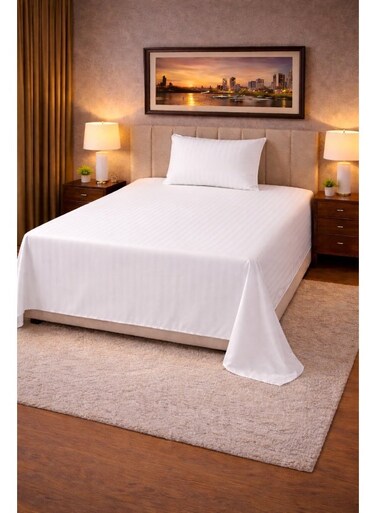 2&acirc;&euro;&lsquo;Piece Striped Microfiber Flat Bed Sheet Set Single 160x220cm &acirc;&euro;&ldquo; Soft Breathable Flat Sheet with 1 Pillowcase 50x70cm, White Microfiber White 160x220cm
