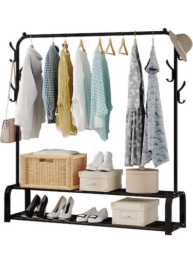 Freestanding Clothes Rack with Shelves and Shoe Storage, Metal, Black