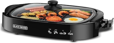 Black+Decker Electric Health Grill, 1500W, Family-Sized Non-Stick Griddle With Glass Lid, 5-Level Temperature Control, Cool-Touch Handles, Efficient Fat Draining, Dishwasher Safe, Black - GH1500-B5