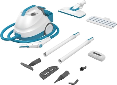 Black+Decker Pressurized Steam Cleaner, 2000W, 4 Bar Pressure, 1.2L Tank, 180&deg; Pivoting Head, Kills 99.9% Of Germs, 8 Accessories, For All Sealed Floors, ECO Friendly, White/Blue - BHSMP2008-GB