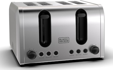 Black+Decker 4-Slice Toaster, 2100W Double-Sided Heating, 6 Browning Levels, Defrost, Reheat, Cancel Functions, Extra-Wide Slots, Dual Browning Control, Removable Crumb Tray, Silver - ET444-B5