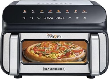 Black + Decker 5-in-1 Pizza Grill Aerofry Oven, 10.5L, LED Touch Panel, 8 Presets, 80-230&deg;C Adjustable Temp, 60-Min Timer, Preheat Function, 10" Pizza Tray Included &ndash; Black/Silver, PGAF105-B5