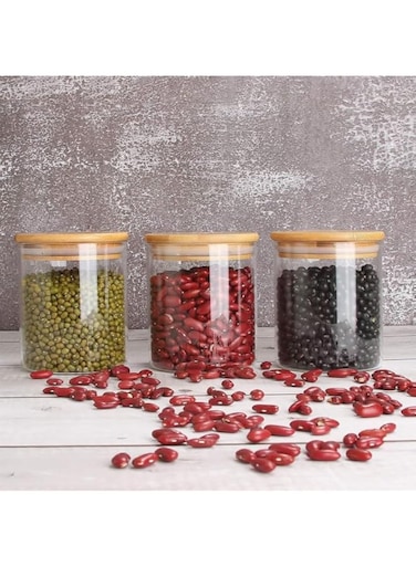 Mash 3-Piece Kitchen Food Storage Round Glass Canister Jar With Airtight Bamboo Lid For Cereals, Pasta, Tea, Coffee, Snacks, And Spices - 500 ML Transparent