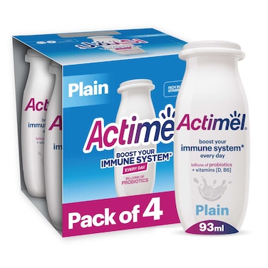 Actimel Plain Dairy Low Fat Yogurt Drink, Probiotics Laban Drink Pack of 4x93ml