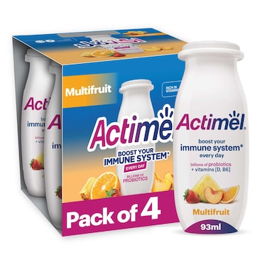 Actimel Multi Fruits Dairy Yogurt Drink, Probiotics Laban Drink Pack of 4x93ml
