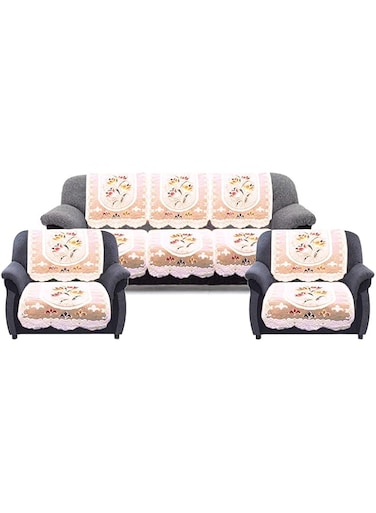 Kuber Industries Cotton 5 Seater Sofa Cover Premium Cotton Fabric &amp; Side Flower Design Cutting Edge Round Shape, 10 Piece (Cream)