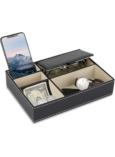Men's Valet Tray Organizer, Jewelry Box and Nightstand Organizer with 5 Compartments, Faux Leather Dresser Storage Box for Wallet, Phone &amp; Keys (Black)
