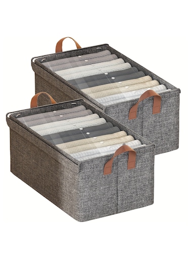 Nest Wardrobe Organizer with Metal Frame &amp; Lid Set of 2 &acirc;&euro;&ldquo; Cationic Fabric Storage Basket for Clothes Durable Storage Box with Handles Ideal for Organizing Pants Jeans Sweaters (Extra Large_Grey)