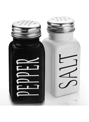 Benting 2 Pack Salt and Pepper Flavor Shakers Set, Glass Shaker with Stainless Steel Lid, Modern and Cute Farmhouse Table Decor and Counter Accessories (Black+White)