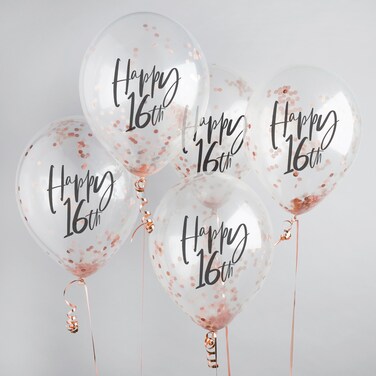 Rose Gold 'Happy 16th' Confetti Filled 12" Latex Balloons 5Ct