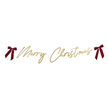 Gold ' Merry Christmas' Card Banner with x2 Red Velvet Bows 2m
