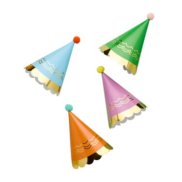 Premium Bright Party Hats with Pom Poms 8Ct